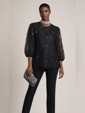 ADRIANNA PAPELL LOVES – BEADED SHEER FLORAL BLOUSE MEDIUM NWT